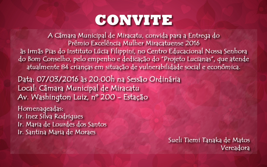 Convite Prêmio Excelência Mulher Miracatuense 2016