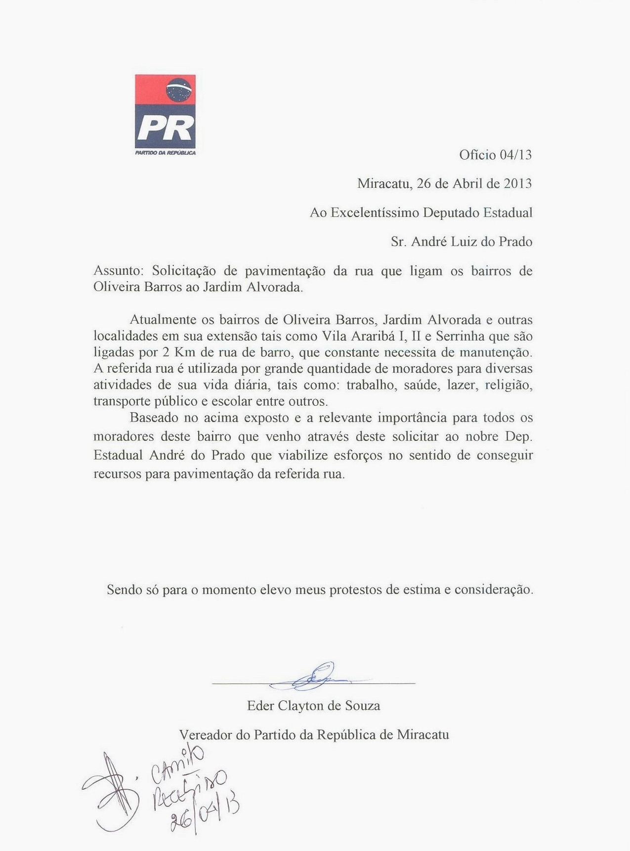 Ofício para o Deputado - Jardim Alvorada