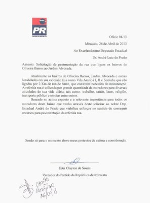 Ofício para o Deputado - Jardim Alvorada