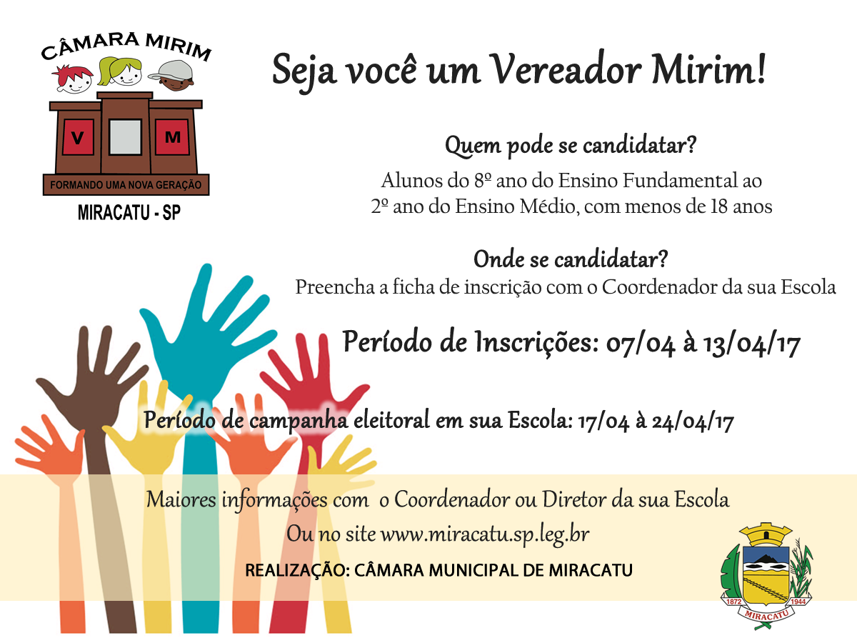 Inscrições abertas a  partir desta sexta para o Programa Vereador Mirim