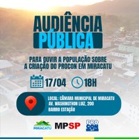 Ministério Público promoverá Audiência Pública sobre implementação do PROCON em Miracatu.