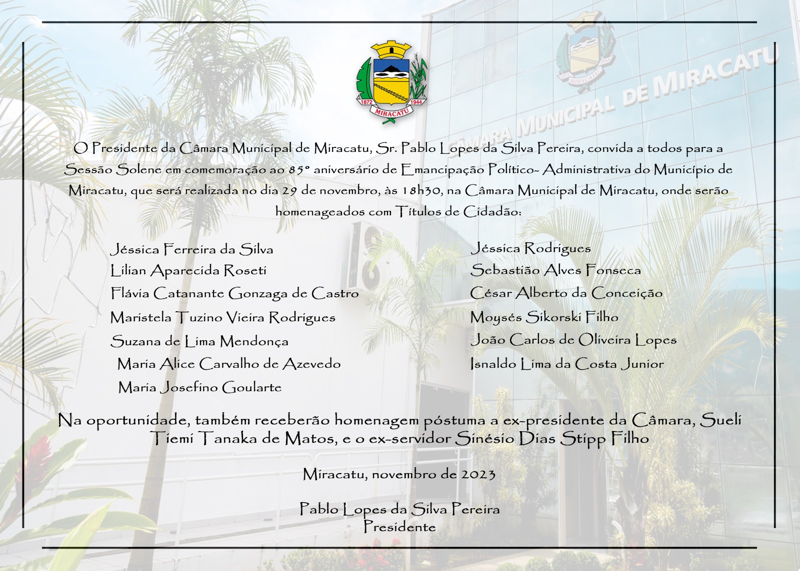 Sessão Solene em comemoração ao 85º Aniversário de Miracatu
